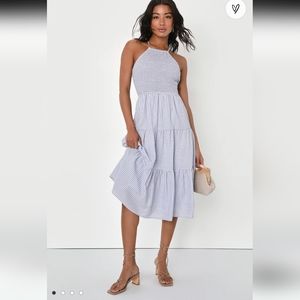 SALE💙Lulu's Chasing Sunshine Blue & White Striped Lace-Up Midi Sundress - EUC M
